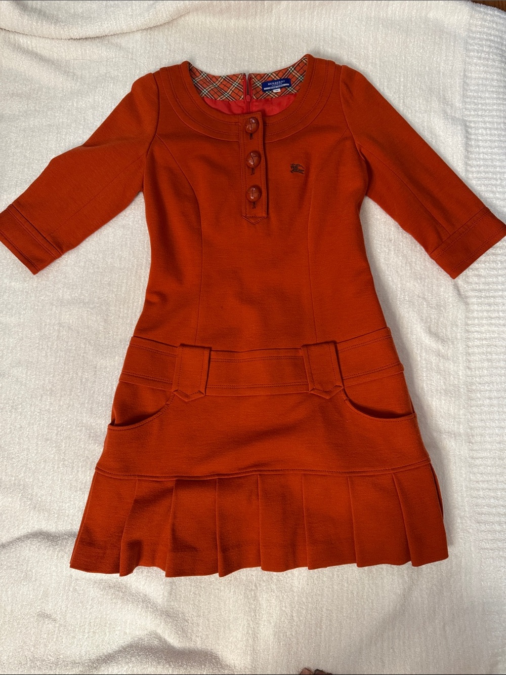 Burberry Girls Burnt Orange Ponte Shift Dress with Pleated Hem